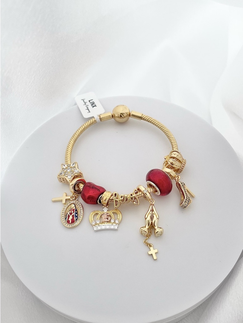 Linx Yellow Gold Bracelet with Red & Gold Religious Quinceanera Charms